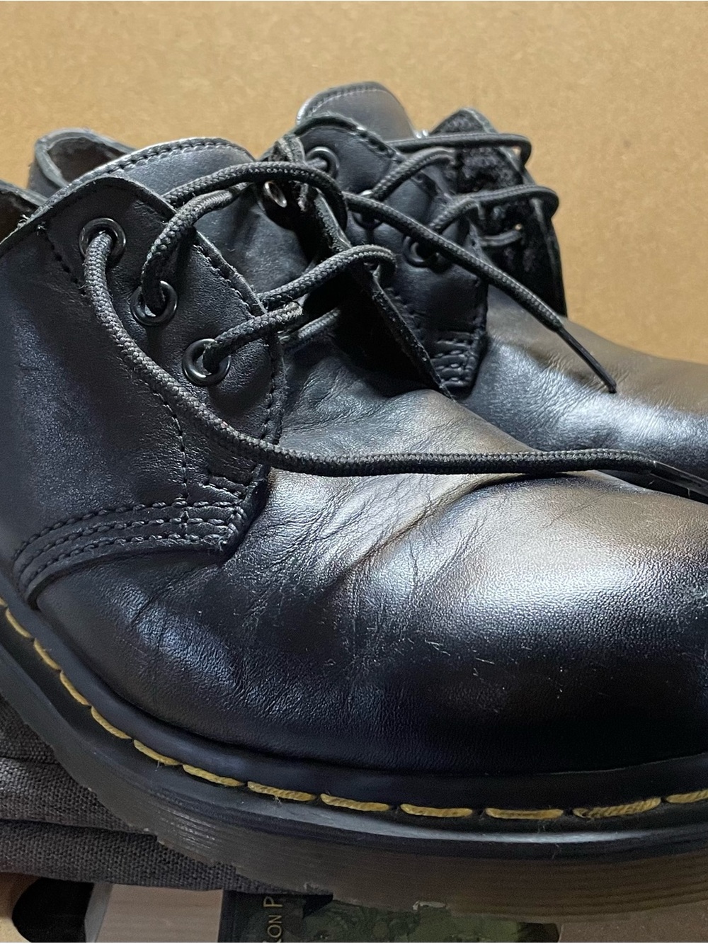 Dr. Martens Black Leather Oxford Style Shoes with Yellow Stitching